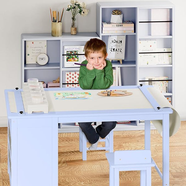 Kids Art Table and Chair Set, Kids Craft Table with Two Chairs, Storage Shelves, Canvas Bins, Wooden Children Study Desks, Kids Desk and Chair Set for Drawing and Painting