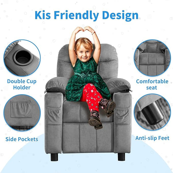 Kids Recliner, Toddlers Kids Recliner Chair with Cup Holder, Ergonomic Adjustable Velvet Lounge Chair with Footrest & Side Pockets, Toddlers Kids Baby Sofa for Boys and Girls Bedroom