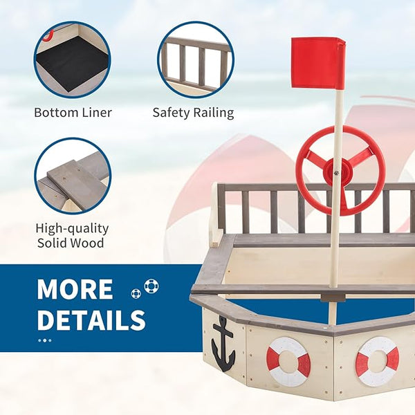 Wooden Sandbox, Pirate Ship Kids Large Wooden Sand Box with Red Flag, Rudder, Lifebuoy Decoration, Anchor Sign, Storage Deck, Bench Seats, Sand Pit for Beach Patio Outdoor