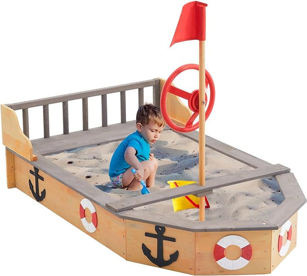 Wooden Sandbox, Pirate Ship Kids Large Wooden Sand Box with Red Flag, Rudder, Lifebuoy Decoration, Anchor Sign, Storage Deck, Bench Seats, Sand Pit for Beach Patio Outdoor