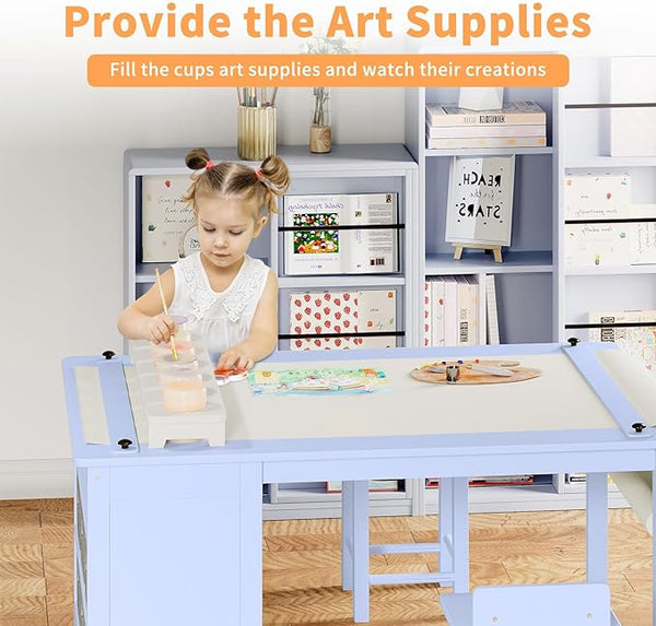 Kids Art Table and Chair Set, Kids Craft Table with Two Chairs, Storage Shelves, Canvas Bins, Wooden Children Study Desks, Kids Desk and Chair Set for Drawing and Painting