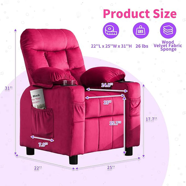 Kids Recliner, Toddlers Kids Recliner Chair with Cup Holder, Ergonomic Adjustable Velvet Lounge Chair with Footrest & Side Pockets, Toddlers Kids Baby Sofa for Boys and Girls Bedroom