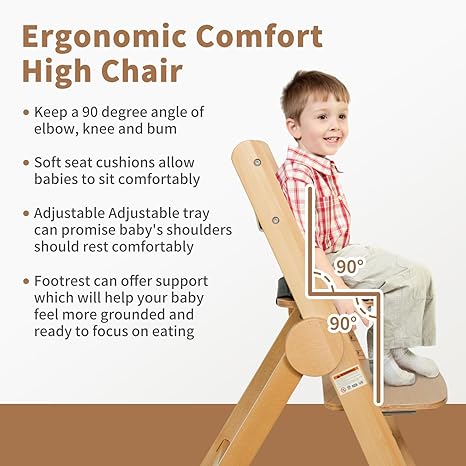 Wooden High Chair for Babies and Toddlers, Adjustable High and Width Baby High Chair, Easy Folding High Chair with Removable Wood Tray, Water Resistant Cushion