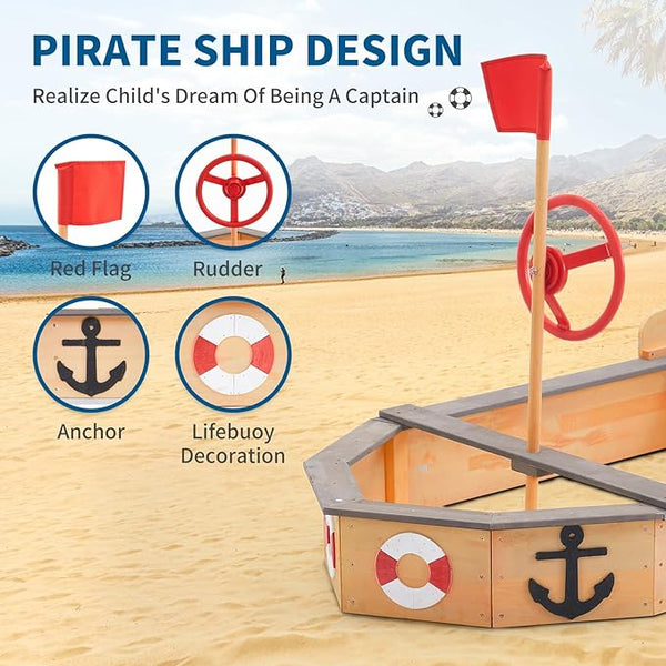 Wooden Sandbox, Pirate Ship Kids Large Wooden Sand Box with Red Flag, Rudder, Lifebuoy Decoration, Anchor Sign, Storage Deck, Bench Seats, Sand Pit for Beach Patio Outdoor