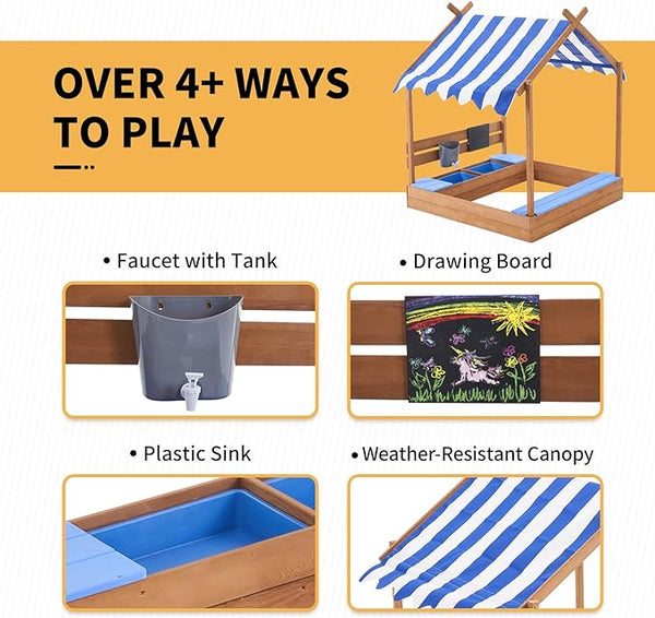 Sandbox with Roof, 49'' Kids Large Wooden Sand Box with Liner, Drawing Board, Sink, House Design, Sand Boxes for Backyard Garden Beach, Sand Pit for Beach Patio Outdoor