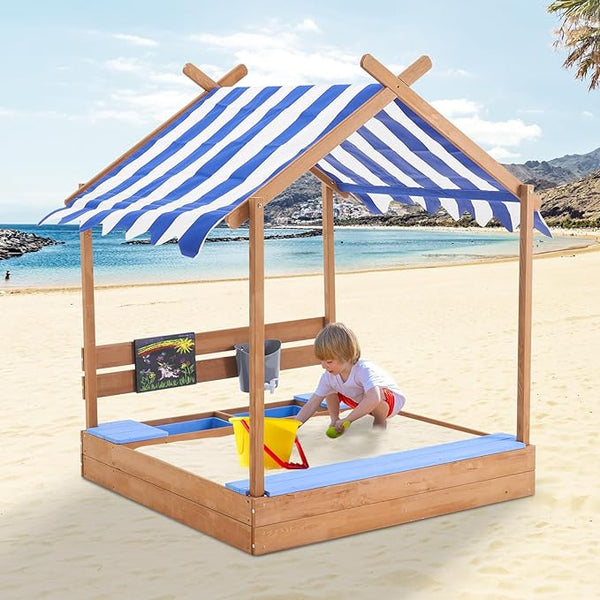 Sandbox with Roof, 49'' Kids Large Wooden Sand Box with Liner, Drawing Board, Sink, House Design, Sand Boxes for Backyard Garden Beach, Sand Pit for Beach Patio Outdoor