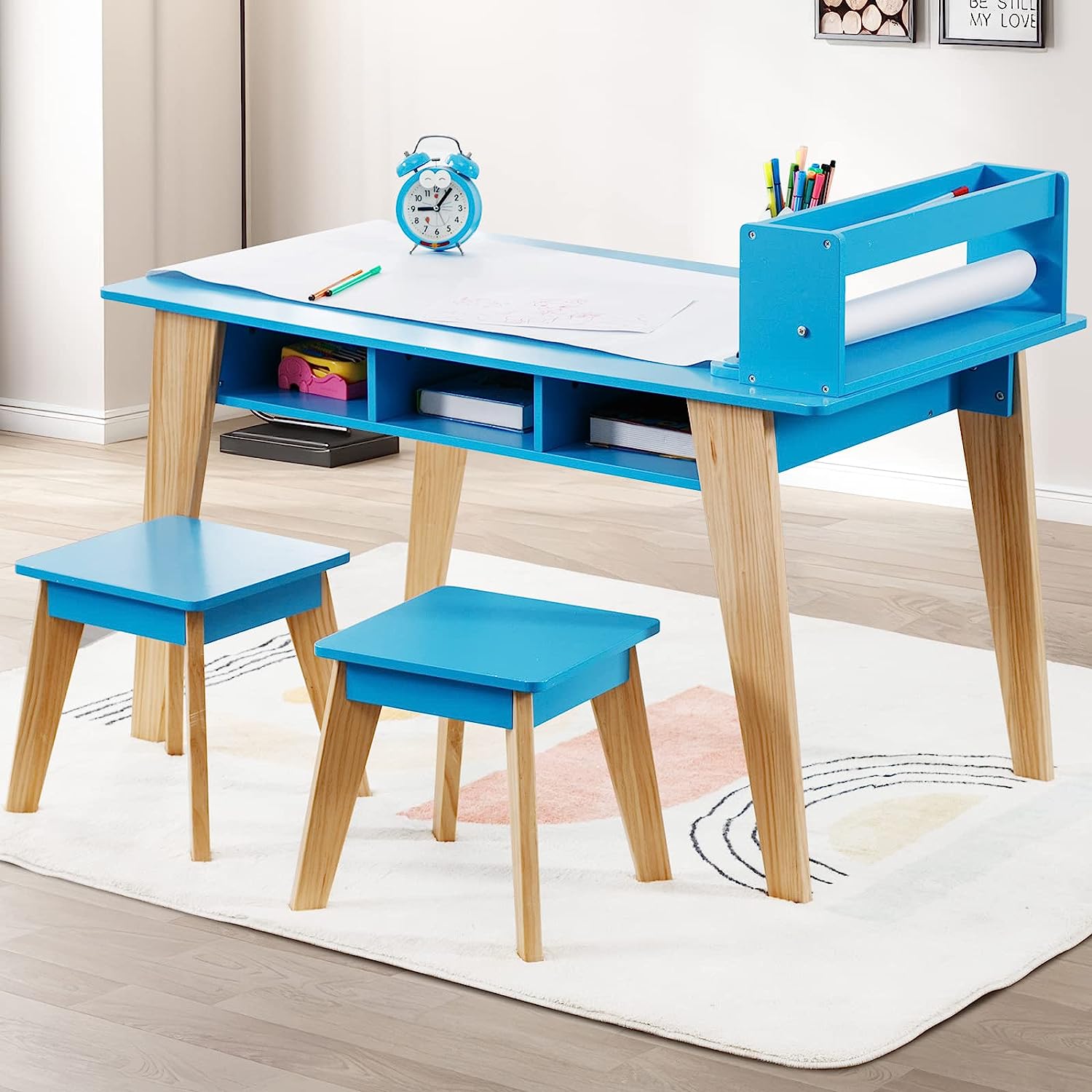 Mjkone Kids Art Table and 2 Chairs,Wooden Kid Craft Desk,Drawing and  Painting Table Sets for Chirldren,Preschool Toddler Learning Furniture with  Paper