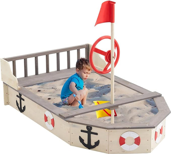 Wooden Sandbox, Pirate Ship Kids Large Wooden Sand Box with Red Flag, Rudder, Lifebuoy Decoration, Anchor Sign, Storage Deck, Bench Seats, Sand Pit for Beach Patio Outdoor