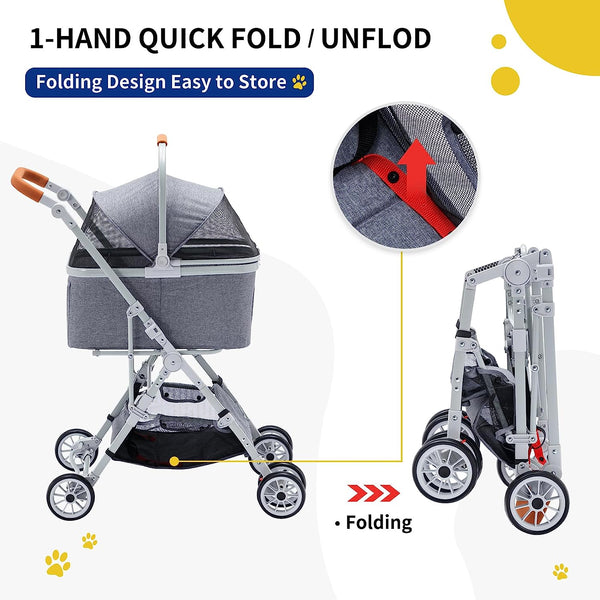 Folding Pet Stroller Grey, 3 In 1 Multifunction Pet Storage Basket Dog Stroller, Lightweight Dog Carrier with Adjustable Cover