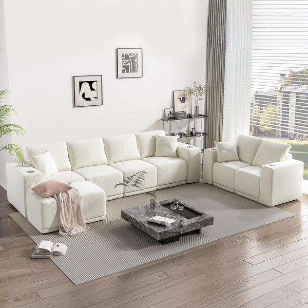 Akaber 130" Modular Sectional Sofa with L-Shape Chaise, 4-Seater Comfy Cloud Couch with Movable Ottoman, Deep Seat Couches for Living Room with Throw Pillows, White
