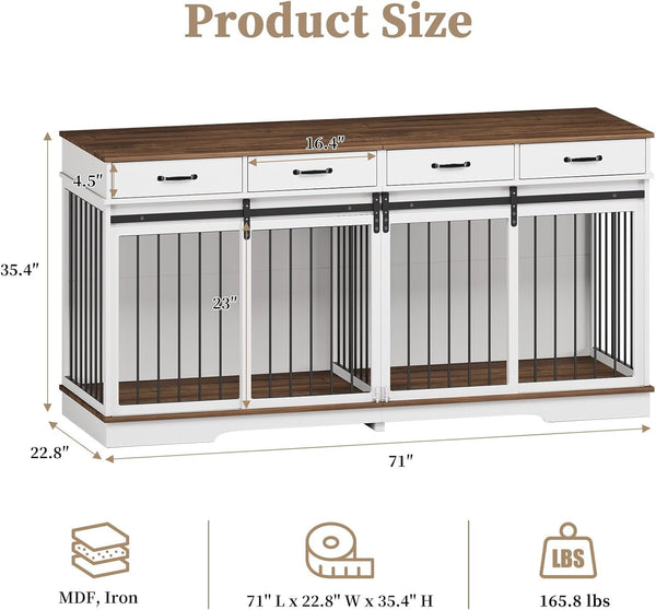 71" Extra Large Dog Crate Furniture, ICEELF Steel Frame Dog Crates with 4 Drawers, Divider, Sliding Barn Door for Small Medium Large Dogs, Indoor Luxury Double Dog Kennel Furniture for 2 Dogs