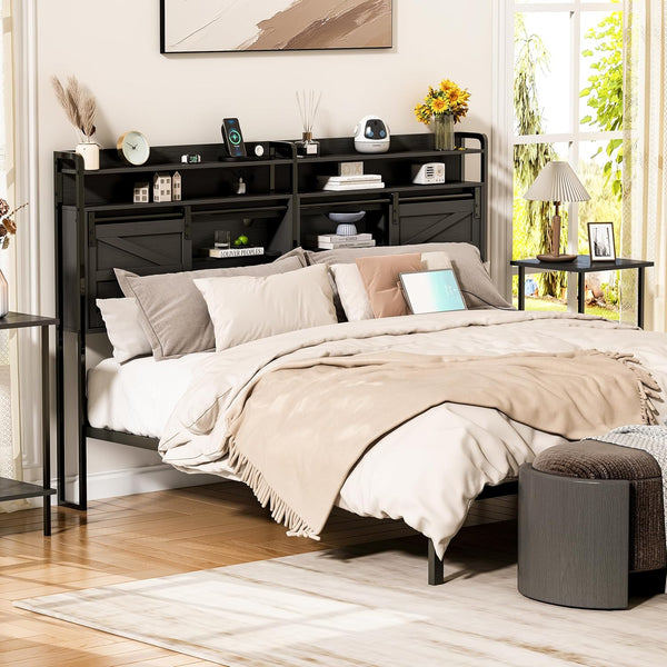 King Size Headboard with Storage, 3-Tier King Headboard with Outlets, USB Ports and LED Light, Storage King Size Headboard Only with Sliding Barn Doors, Width Adjustable