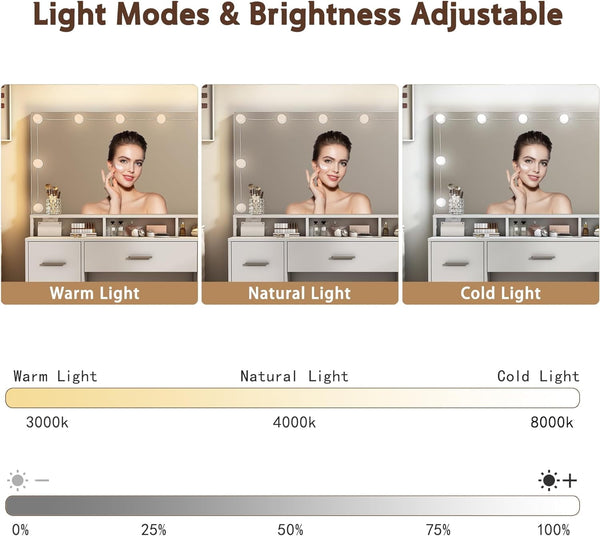 Vanity Desk with Mirror and Lights, 46.5'' White Vanity with Power Outlet & 7 Drawer, 3 Color Lighting Modes, Bedroom Vanity Desk for Girls, Women, Bedroom Vanity Desk