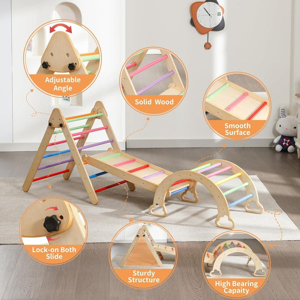 5 in 1 Pikler Triangle Set, Wooden Montessori Climbing Set with Ladder, Ramp, Arch, Rocker and Slide, Climbing Toys for Toddlers 1-3 Inside, Foldable Pikler Triangle