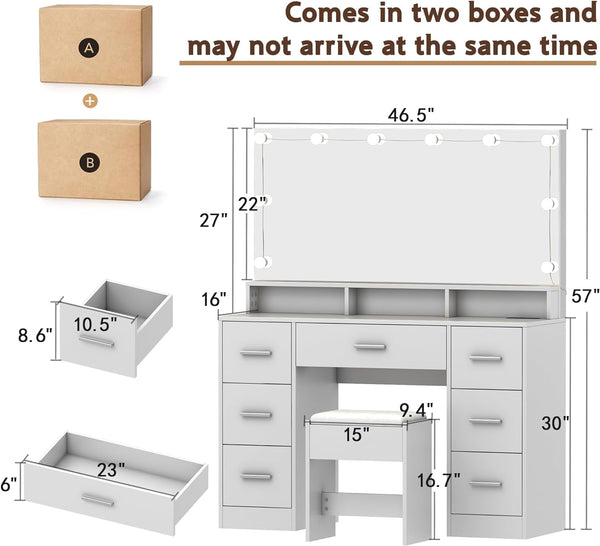 Vanity Desk with Mirror and Lights, 46.5'' White Vanity with Power Outlet & 7 Drawer, 3 Color Lighting Modes, Bedroom Vanity Desk for Girls, Women, Bedroom Vanity Desk