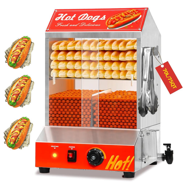 75QT Hot Dog Steamer, 2-Tier Stainless Steel Hot Dog Hut Steamer with Bun Warmer, Electric Hot Dog Bun Steamer with Sliding Door and Clip, Hold 350 Hotdogs $ 80 Buns, 32℉-185℉ Temp Control, 1400W