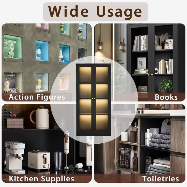 63'' Display Cabinet, Glass Display Cabinet with LED Light, 3 Adjustable Shelves
