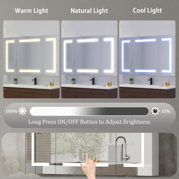 Medicine Cabinet with LED Mirror for Bathroom, 24''x40'' Aluminum, Wall Mounted Surface led Medicine Cabinet, Defog, Stepless Dimming, 3 Color Change, 2 Outlets, 2USB
