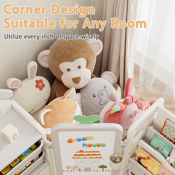 Kids Toy Storage Organizer with 10 Removable Bins, Foldable Toy Organizers and Storage with 3-Tier Bookshelf for Kids Toy Storage Organizer with Drawing Board