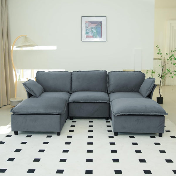 Akaber 100" U-Shaped Cloud Sectional Sofa, Modular Velvet Convertible Sofa Bed with Storage,Plush Living Room Couch (Grey)