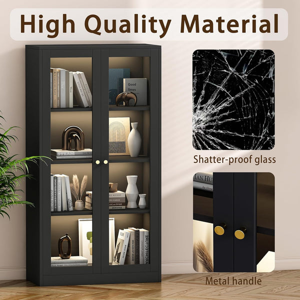 63'' Display Cabinet, Glass Display Cabinet with LED Light, 3 Adjustable Shelves