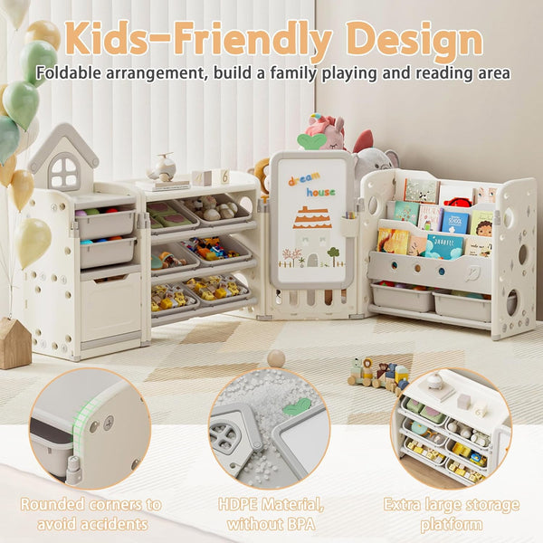 Kids Toy Storage Organizer with 10 Removable Bins, Foldable Toy Organizers and Storage with 3-Tier Bookshelf for Kids Toy Storage Organizer with Drawing Board