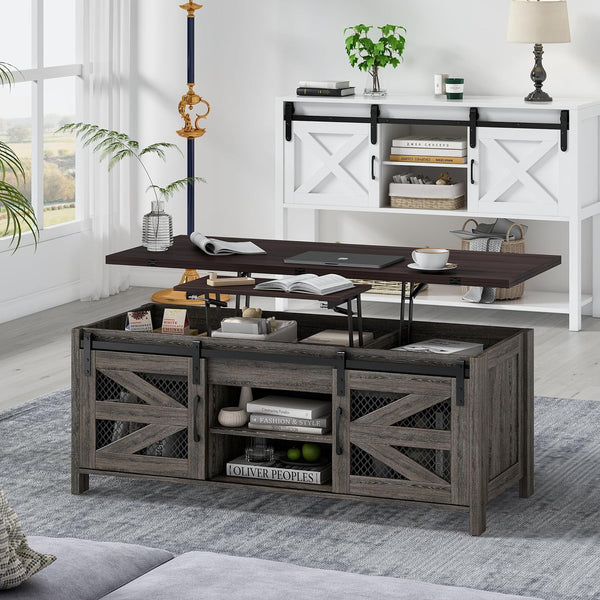47.2" Lift Top Coffee Table, 4 in 1 Farmhouse Coffee Table with Sliding Barn Door, Coffee Tables for Living Room, Dining Room