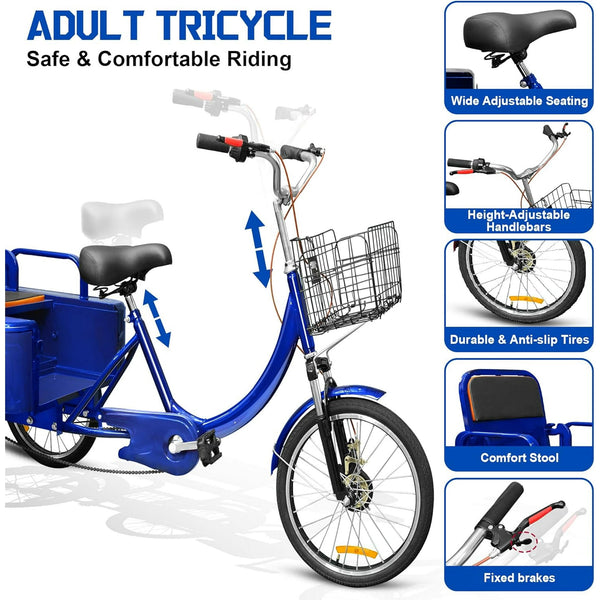 Akaber Adult Tricycle, 20 Inch 3-Wheel Bikes Carrying Passengers and Cargo, Trike for Adults with Front Baskets for Women, Seniors, Men, Low Step-Through Cruiser Bike for Cycling, Outing, Picnic