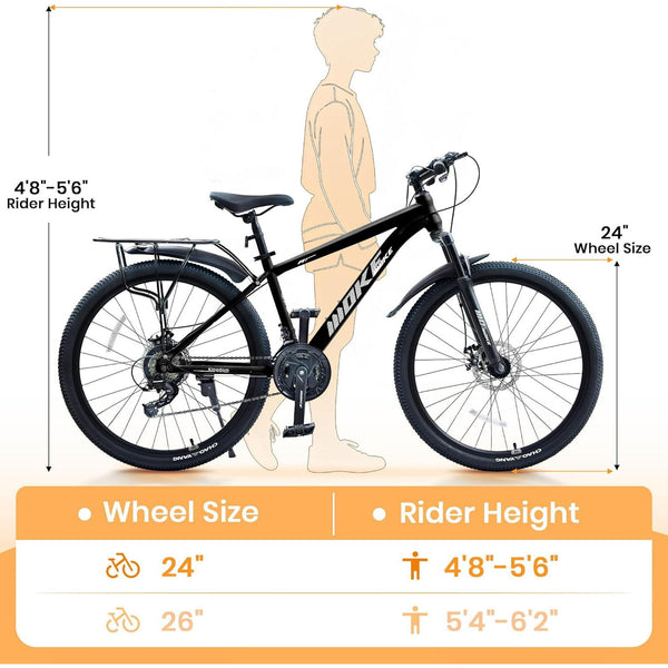 Akaber 24" Mountain Bike, Bicycles with 21-Speed Drivetrain, Suspension Fork, Dual Disc Brakes, Rear Rack