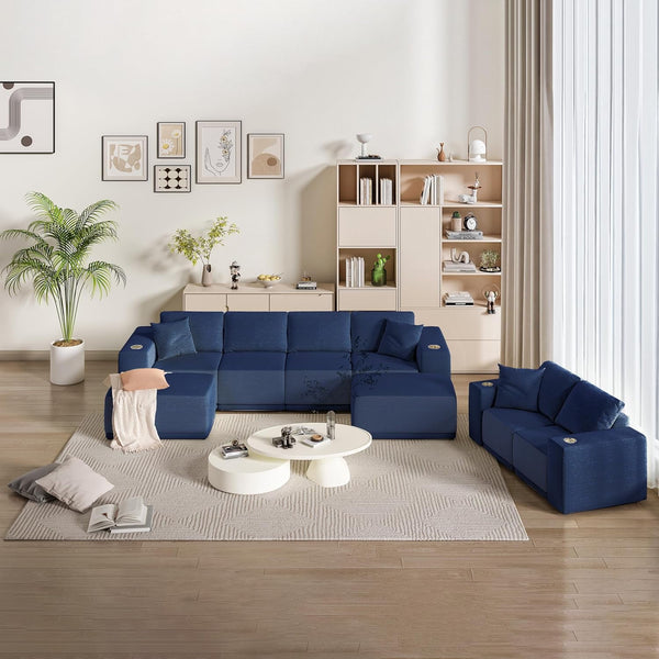 Akaber 130" Modular Sectional Sofa with U-Shape Chaise, 4-Seater Comfy Cloud Couch with Movable Ottoman, Deep Seat Couches for Living Room with Throw Pillows, Lake Blue