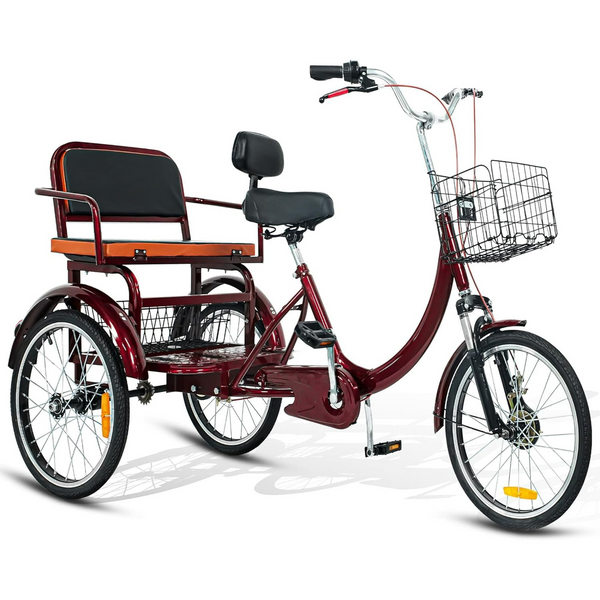 20" Adult Tricycle with Rear Seats, 3-Wheel Bikes, Baskets, for Senior