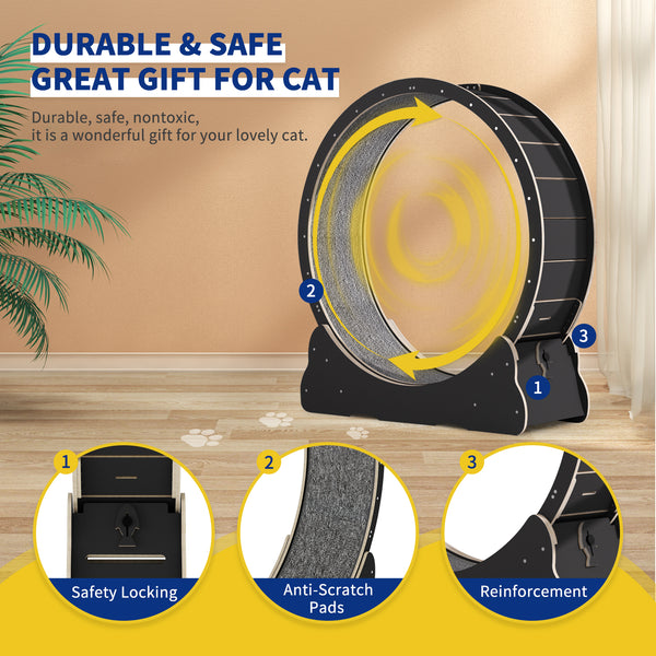 35.4'' Cat Exercise Wheel , with 2 Anti-Scratch Pads, Solid Wood Cat Wheel Exerciser for Indoor Cats for Walking, Running, Training