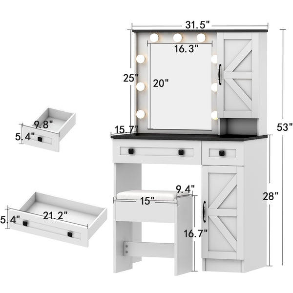 Makeup Vanity Desk with Lights and Mirror, 31.5" Farmhouse White Vanity with 2 Drawers&Power Outlet, 3 Color Lighting Mode, Bedroom Vanity Desk for Women, Girls