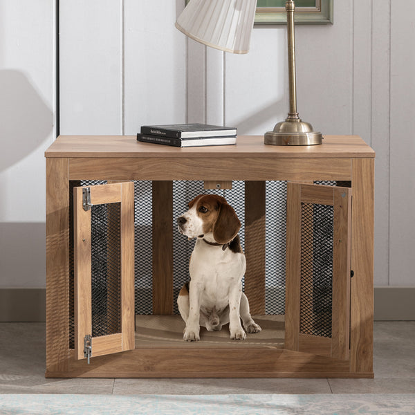 Wooden Dog Crate Furniture with Cushioned Tray and Double Doors - Stylish End Table for Small Dogs and Cats