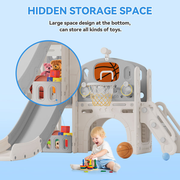 Toddler Slide, 8 in 1 Toddler Indoor Outdoor Playset with Slide, Climber, Basketball Hoop and Ball, Tunnel Crawl, Telescope and Storage Space, Kids Playground Sets for Backyards & Indoor