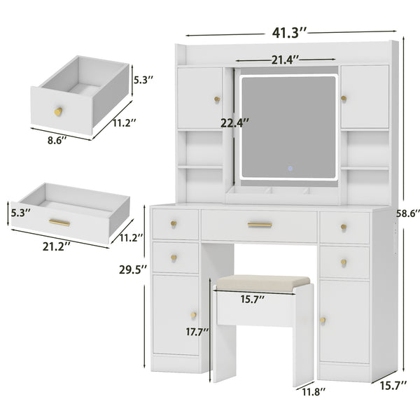 Makeup Vanity Desk with Lights and Mirror, 41.3" Modern White Vanity with 5 Drawers&Power Outlet, 3 Color Lighting Mode, Bedroom Vanity Desk for Women, Girls