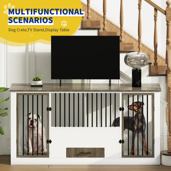 Dog Crate Furniture with 4 Stainless Steel Bowls, Wood Dog Crate End Table with Tray and Cushion, Double Dog Crate for 2 Dogs, Wooden Dog Cage Dog Kennel Indoor (Brown)