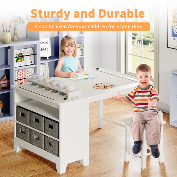 Kids Art Table and Chair Set, Kids Craft Table with Two Chairs, Storage Shelves, Canvas Bins, Wooden Children Study Desks, Kids Desk and Chair Set for Drawing and Painting