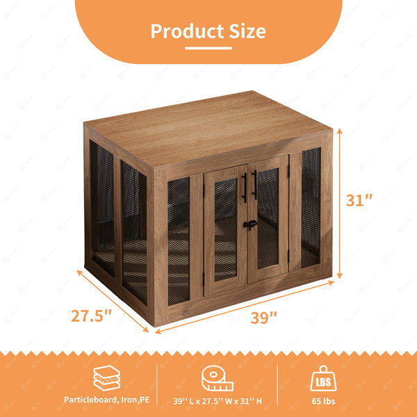 Wooden Dog Crate Furniture with Cushioned Tray and Double Doors - Stylish End Table for Small Dogs and Cats