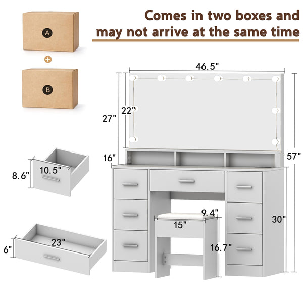 Makeup Vanity Desk with Lights and Mirror, 46.5'' White Vanity with 7 Drawers&Power Outlet, 3 Color Lighting Modes Adjustable Brightness, Bedroom Vanity Desk for Women, Girls