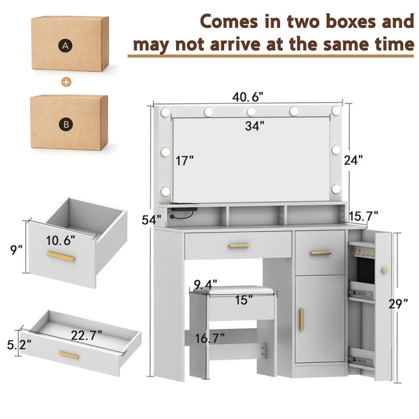 Makeup Vanity Desk with Lights and Mirror, 40.6'' White Vanity with 2 Drawers&Power Outlet, 3 Color Lighting Mode, Sliding Jewelry Storage, Bedroom Vanity Desk for Women, Girls