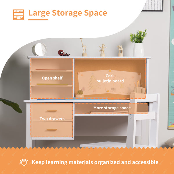 linor Kids Desk and Chair Set, Wooden Children Study Table with Hutch/Drawer & Bulletin Board, Student Study Desks Computer Desk Art Desk for Bedroom Study Room