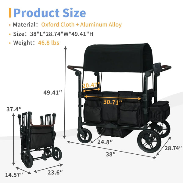 Wagon Stroller for 4 Kids, Linor Stroller Wagon 4 Seater Featuring 4 High Seat with Footwell, 5-Point Harnesses and Adjustable Canopy, Foldable Double Push Bar Baby Wagon for Camping