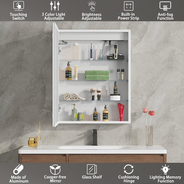 Medicine Cabinet with LED Mirror for Bathroom, 24''x30'' Aluminum, Wall Mounted Led Medicine Cabinet, Defog, Stepless Dimming, 3 Colors, 2 Outlets, 2USB