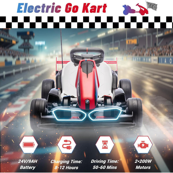 Licensed BMW Electric Go Kart for Kids 6-12, 24V 9AH Drift Kart Ride on Toys, Dual 200W Motors, Adjustable Seat, Drift Mode, 2 Speed, LED Lights