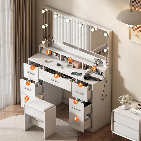 Vanity Desk with Mirror and Lights, 46.5'' White Vanity with Power Outlet & 7 Drawer, 3 Color Lighting Modes, Bedroom Vanity Desk for Girls, Women, Bedroom Vanity Desk