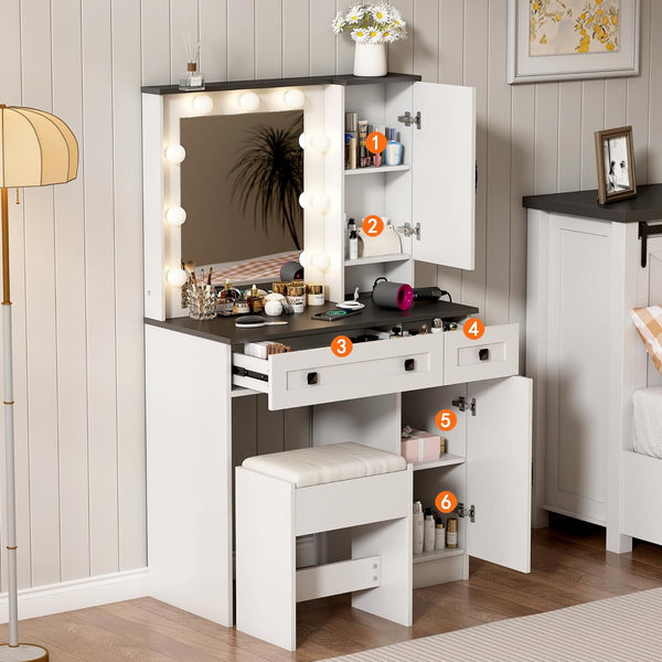 Vanity Desk with Mirror and Lights, 31.5" Farmhouse White Makeup Vanity Desk with Power Outlet, 2 Drawers & 2 Cabinets, 3 Color Lighting Mode, Bedroom Vanity Desk, Vanity Desk with Lighted Mirror