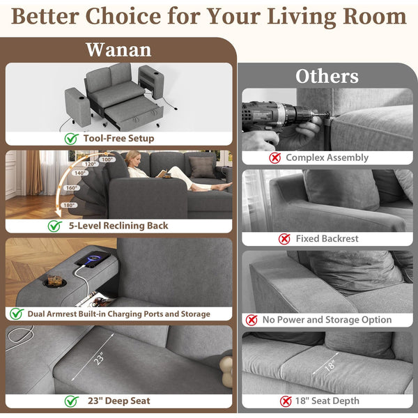 Pipleo 2 Seats Sectional Sleeper Sofa with Pull Out Couch Bed, Modular Cloud Couch with Dual Arm Storage, USB Charging and Adjustable Backrest Sofa