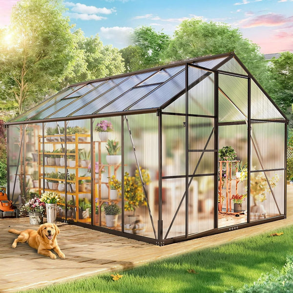 8 x 12Ft Large Outdoor Greenhouse with 2 Vent Window, Aluminum Frame, Sliding Door