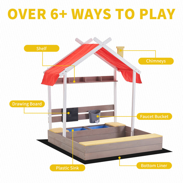 45'' Kids Large Wooden Sand Box with Lid, Drawing Board, Sink, Shelf, Toddler Sand Boxes for Backyard Garden Beach